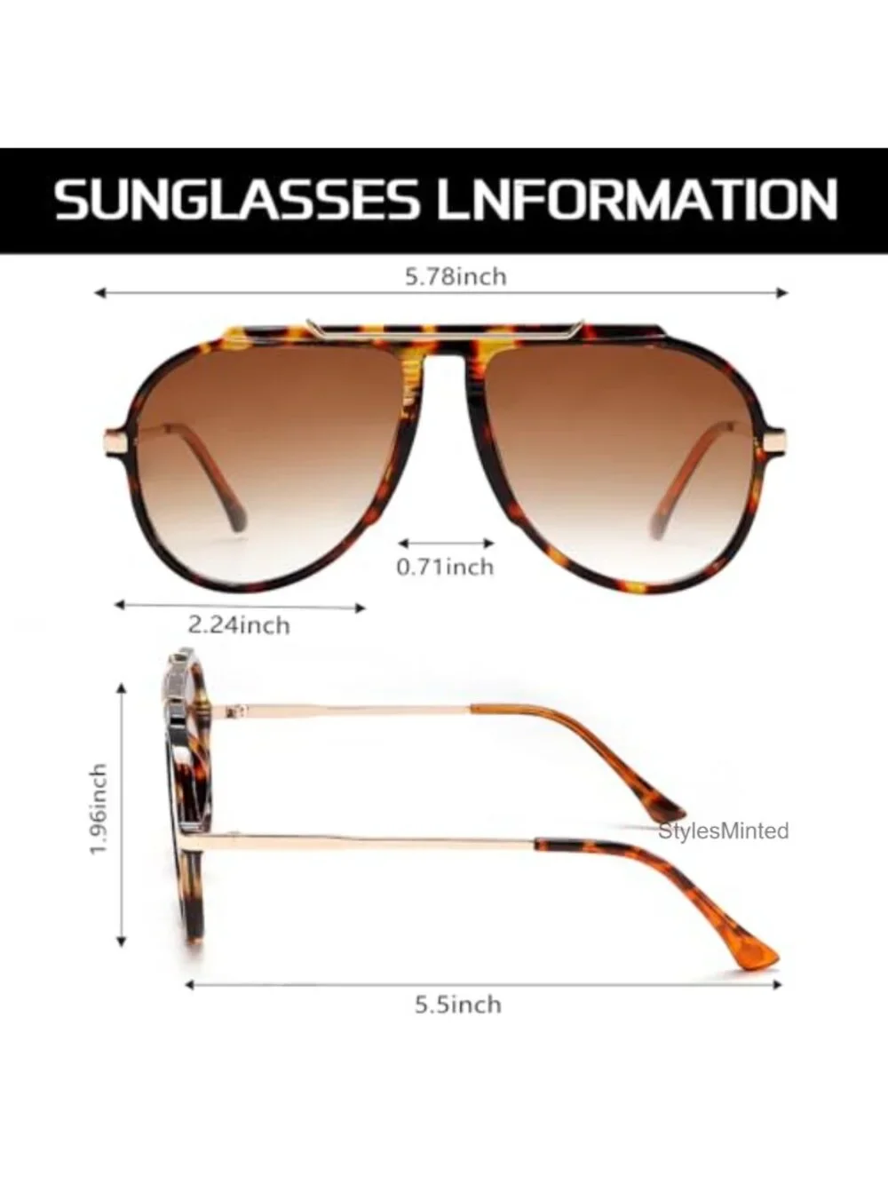 Oversized Aviator Sunglasses Gold Metal Frame UV400 Protection Tangle-Free